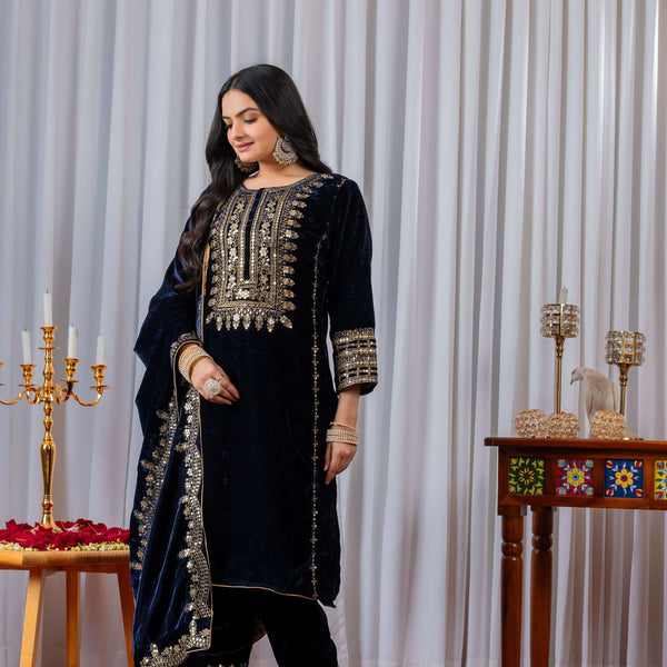 Teeya Creation Blue Color Velvet Designer Embroidery Work party Wear Suit - Distacart