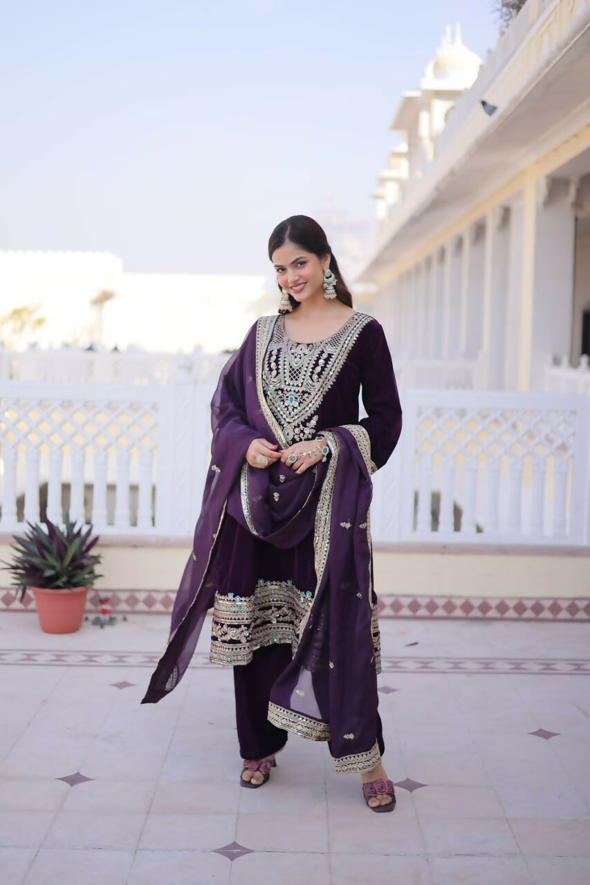 Teeya Creation Womens New Wine Velvet With Rich Zari Coding Embroidered Work Kurta Pant Dupatta Set - Dista