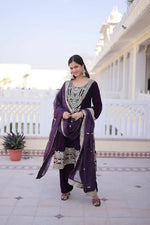 Thumbnail for Teeya Creation Womens New Wine Velvet With Rich Zari Coding Embroidered Work Kurta Pant Dupatta Set - Dista