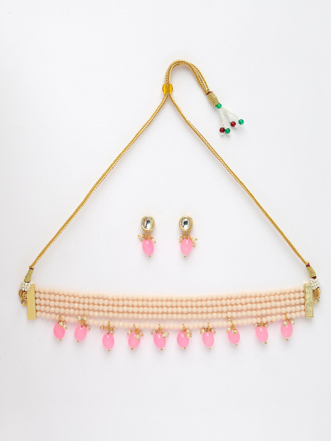NVR Women's Pink Artificial Beads Layered Necklace with Drop Earring - Distacart