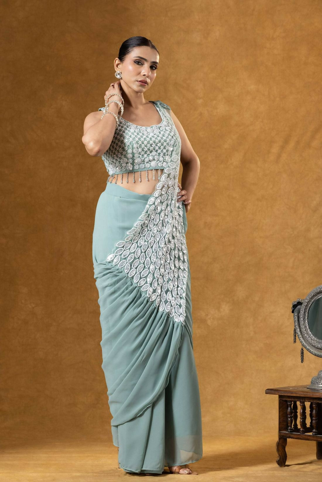 Teeya Creation Teal Color Faux Georgette Embroidery Work Party Wear Ready To Wear Saree - Distacart
