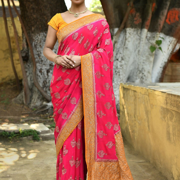 Joban Fashion Bright Pink Crepe Chiffon Pure Handloom Banarasi Silk Saree - Dista
