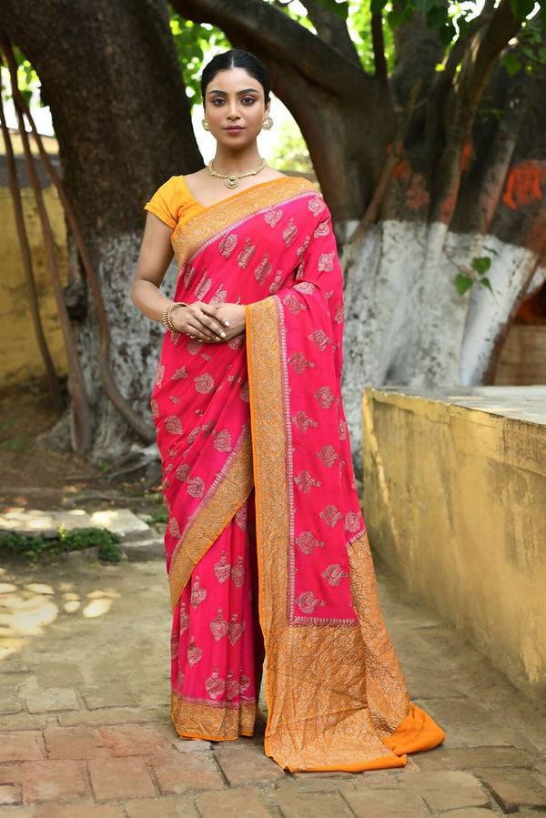 Joban Fashion Bright Pink Crepe Chiffon Pure Handloom Banarasi Silk Saree