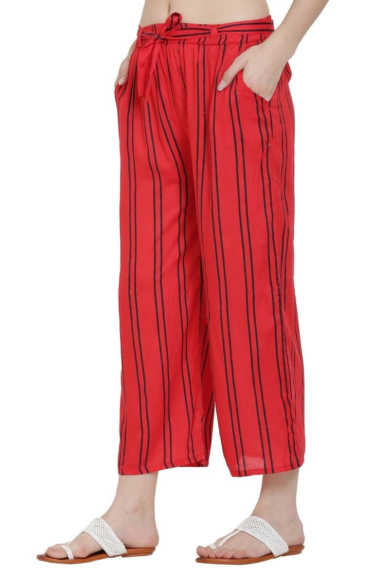 Asmaani Red Color Rayon Fabric Stripped Palazzo