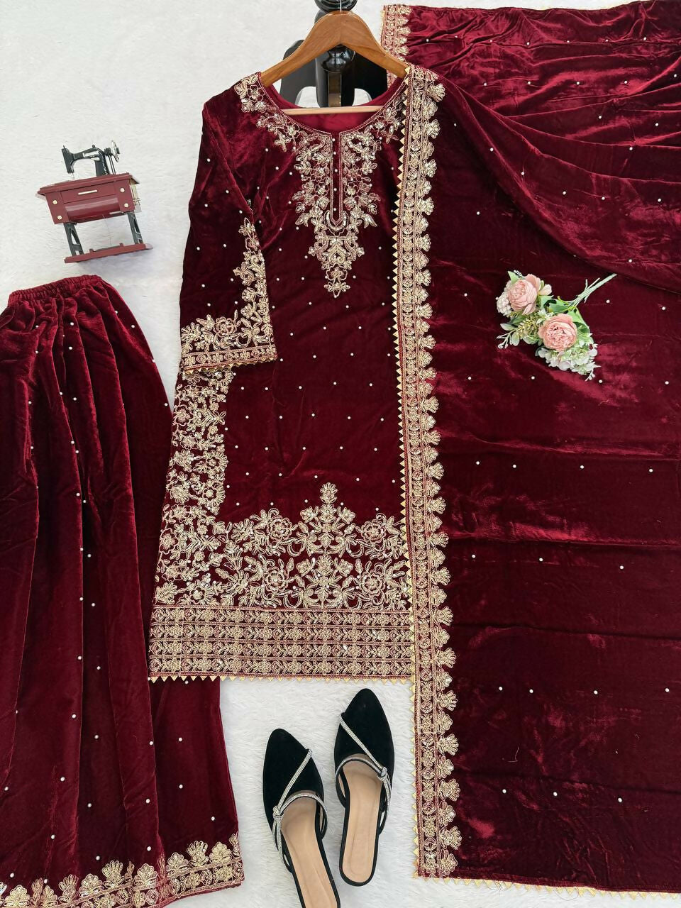 Vastranavya Maroon Viscose Velvet Cording Sequence With Moti Work Top-Bottom With Dupatta