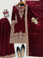 Thumbnail for Vastranavya Maroon Viscose Velvet Cording Sequence With Moti Work Top-Bottom With Dupatta