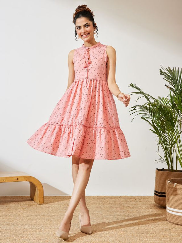 Janasya Peach Fit & Flare Cotton Dress| Buy Online at Low Prices