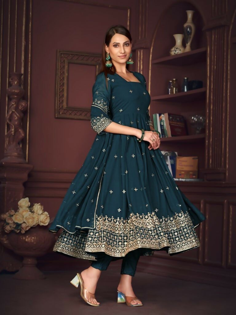 Jyoti Fashion Women's Rama Georgette Embroidered Anarkali Kurta Pant Set With Dupatta - Distacart