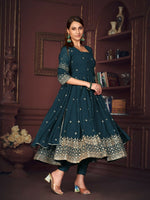 Thumbnail for Jyoti Fashion Women's Rama Georgette Embroidered Anarkali Kurta Pant Set With Dupatta - Distacart