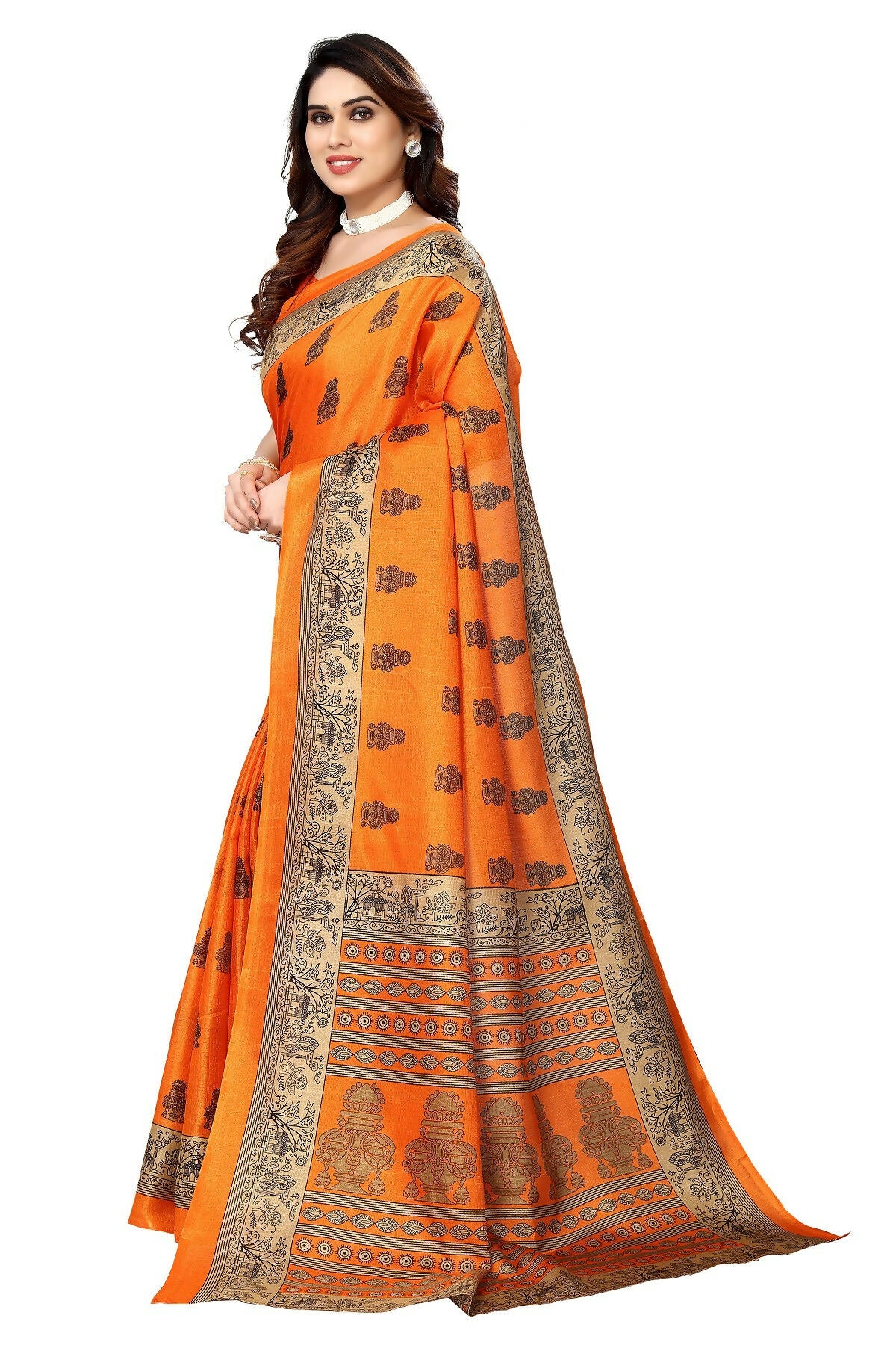 Vamika Orange Printed Art Silk Saree - Distacart