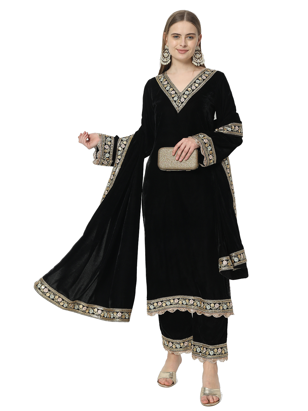 Fab Fashion Black Velvet Side High Slit Suit Full Set - Distacart