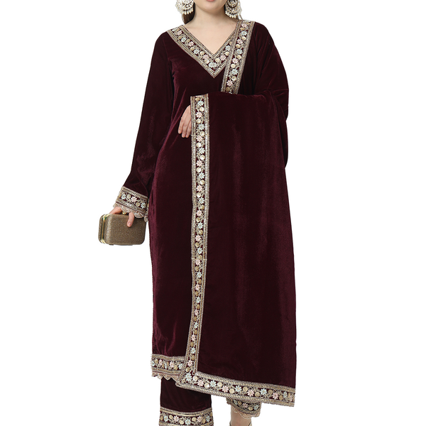 Fab Fashion Wine Velvet Side High Slit Suit Full Set - Distacart