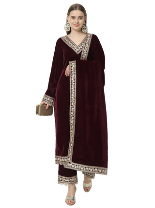 Fab Fashion Wine Velvet Side High Slit Suit Full Set