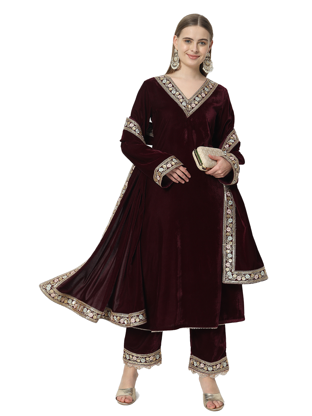 Fab Fashion Wine Velvet Lace Suit Full Set - Distacart