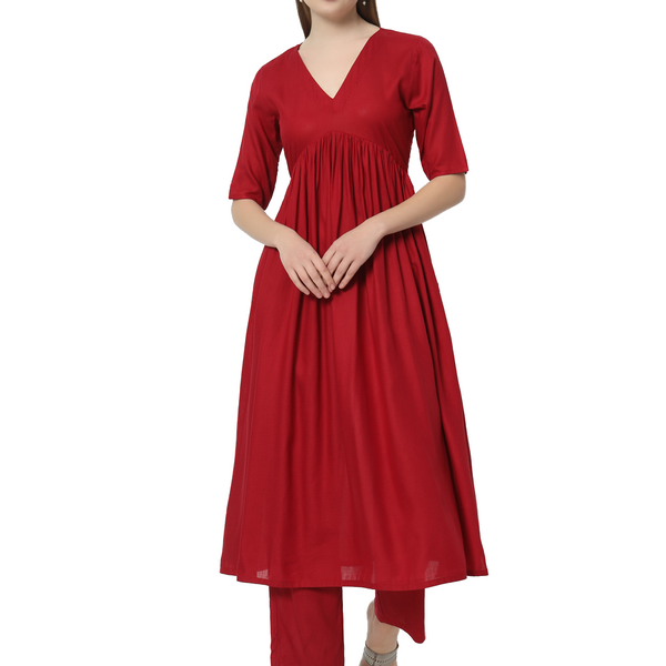 Fab Fashion Alia Cut Red Pure Cotton V Neck Top+Pant - Distacart
