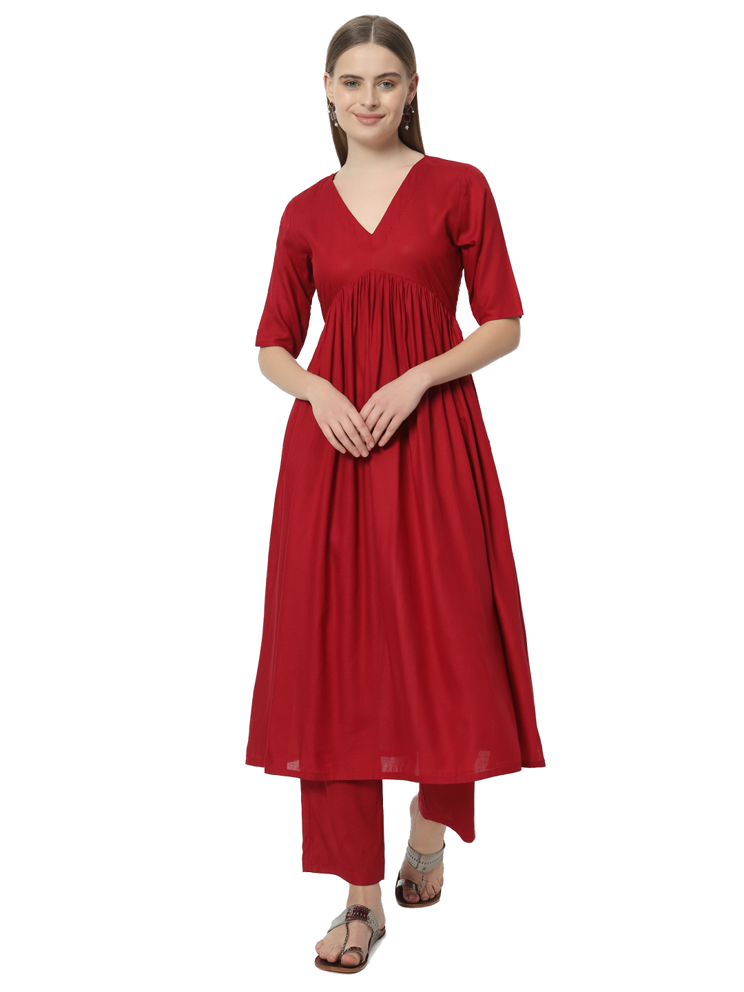 Fab Fashion Alia Cut Red Pure Cotton V Neck Top+Pant - Distacart