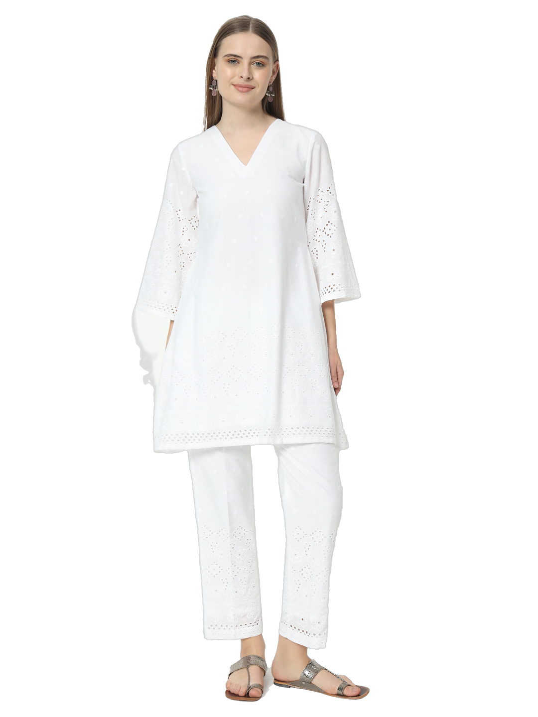 Fab Fashion White Chiken Kari Co-Ord Bell Sleeve V Neck Set - Distacart