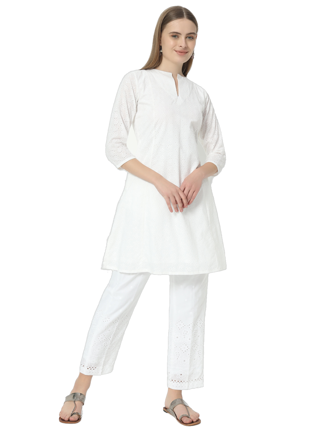 Fab Fashion Pannel White Chiken Kari Co-Ord Set With Round Cut Neck - Distacart