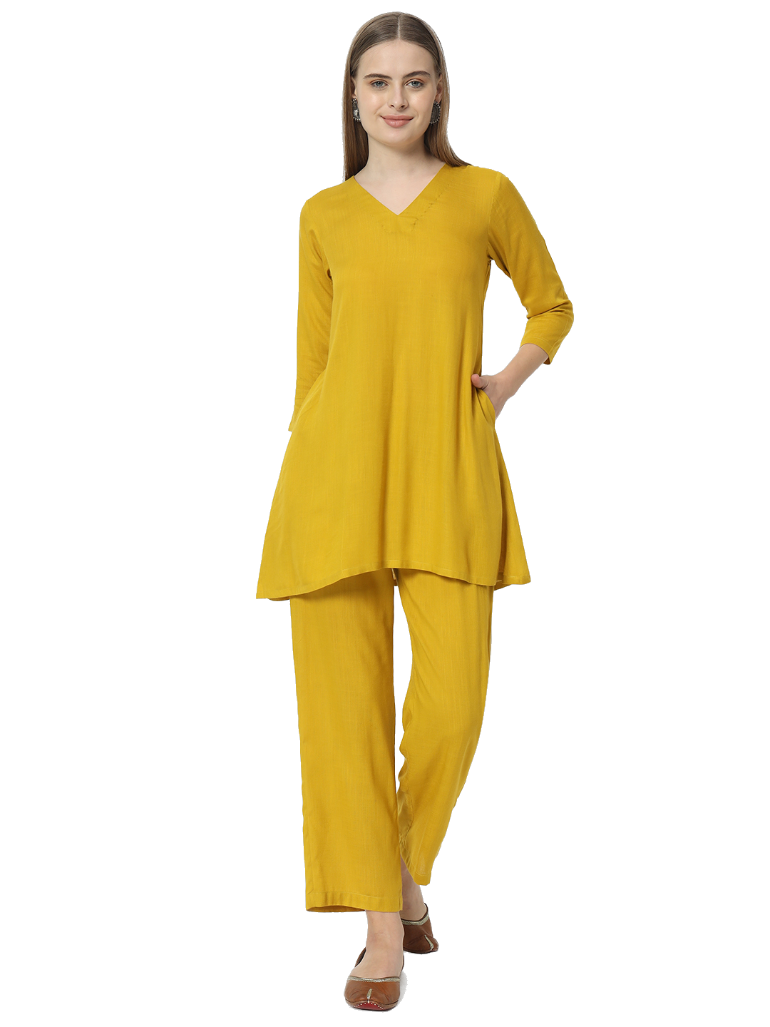 Fab Fashion Mustred Plain Pure Co-Ord Set - Distacart