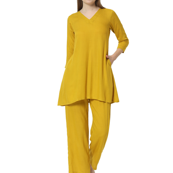 Fab Fashion Mustred Plain Pure Co-Ord Set - Distacart