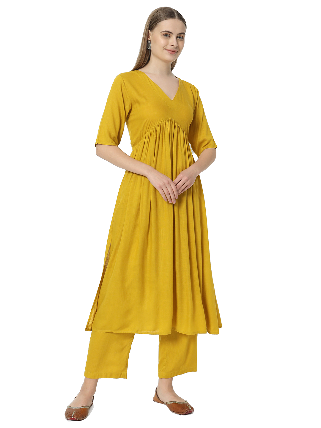 Fab Fashion Alia Cut Mustard Pure Cotton V Neck Top+Pant - Distacart