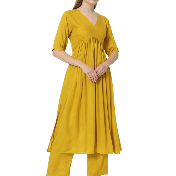 Fab Fashion Alia Cut Mustard Pure Cotton V Neck Top+Pant - Distacart