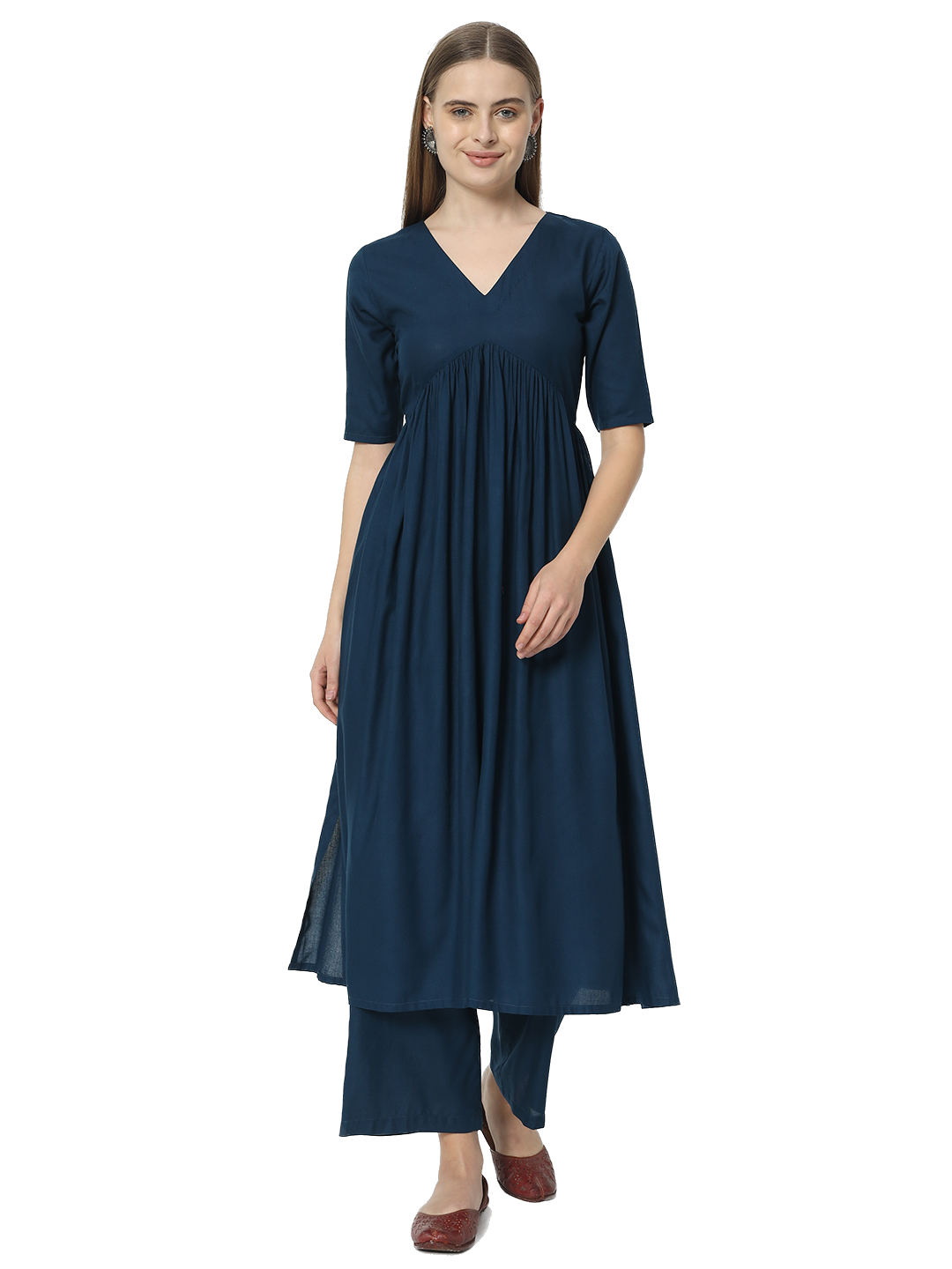 Fab Fashion Alia Cut Peacock Blue Pure Cotton V Neck Top+Pant - Distacart