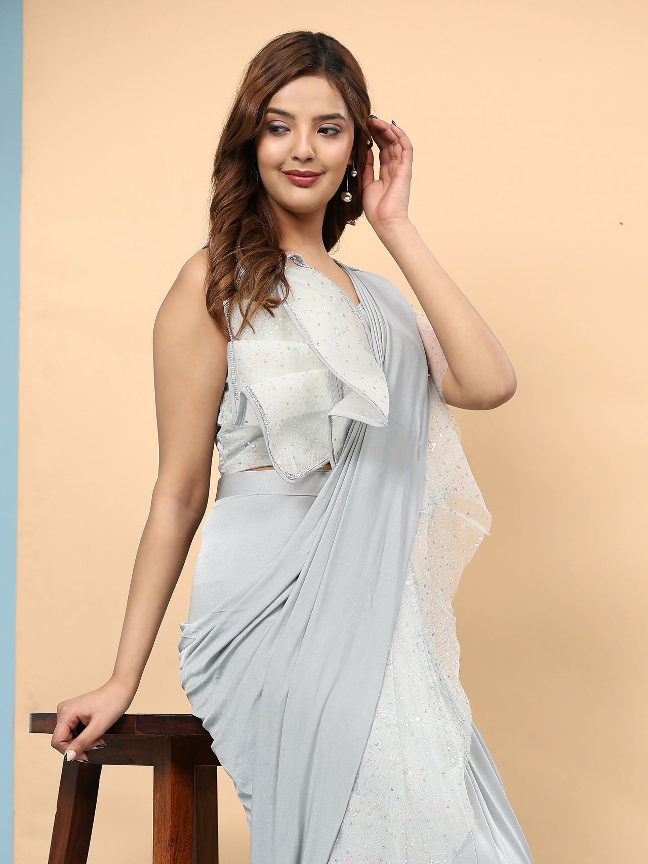 Light Grey Lycra Solid Ready to Wear Saree with stitched Blouse - Nita - Distacart