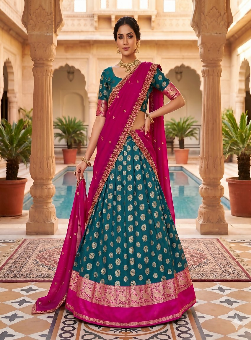 Teeya Creation Peacock Blue Banarasi Silk Ethnic Lehenga Choli for Festivals and Weddings - Dista