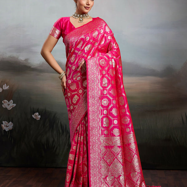 Shree Shyam Fashion Rani Pink Silk Blend Saree - Distacart