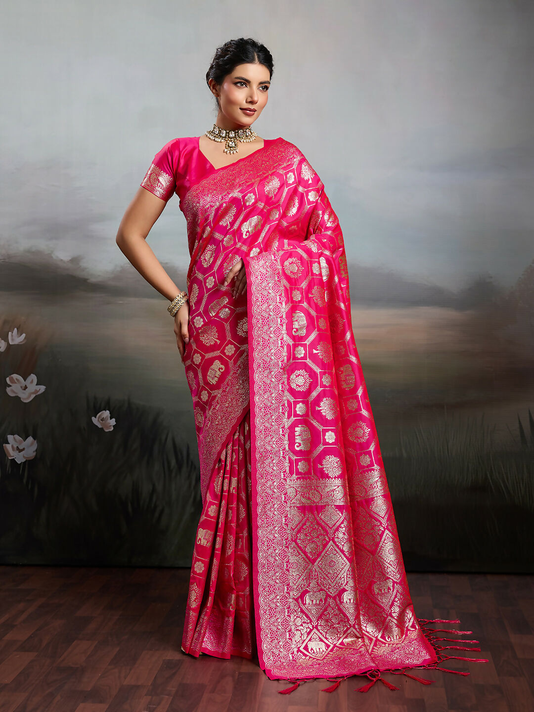 Shree Shyam Fashion Rani Pink Silk Blend Saree - Distacart