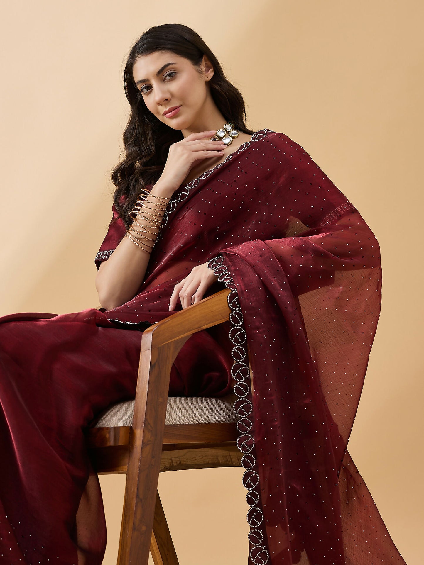 Brown Organza Swaroski Diamond Work Saree with Unstitched Blouse - Radha - Distacart