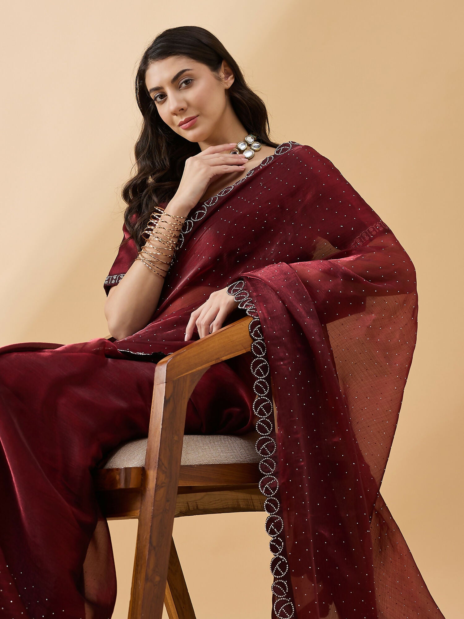 Brown Organza Swaroski Diamond Work Saree with Unstitched Blouse - Radha - Distacart