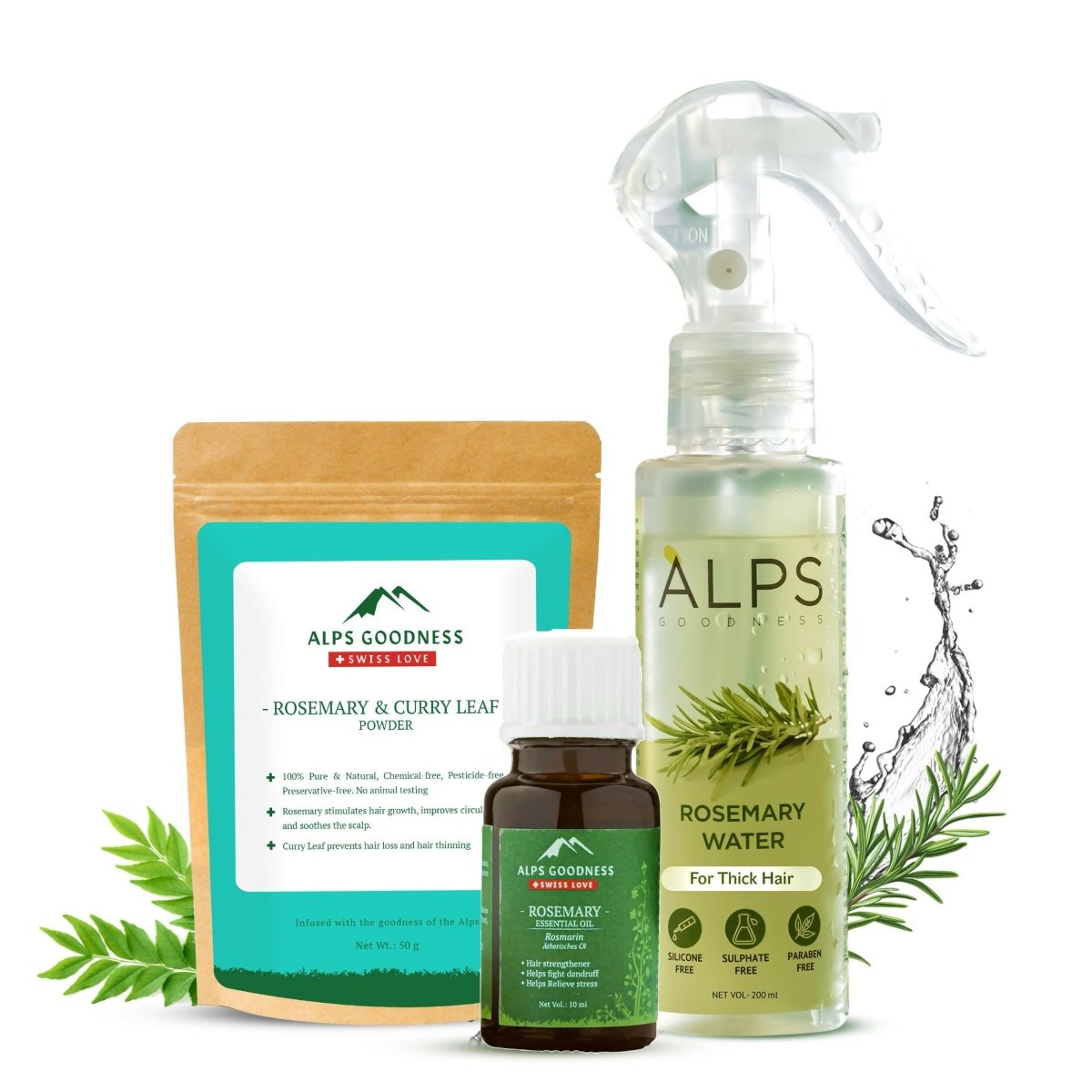 Alps Goodness Rosemary Hair Essentials Kit - Rosemary Water Spray , Rosemary Essential Oil & Rosemary & Curry Leaf Powder - Distacart