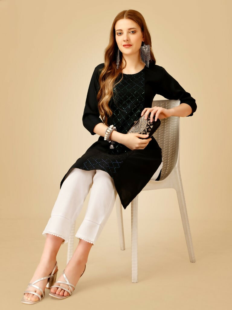 Jyoti Fashion Women's Black Cotton Blend Embroidered Kurta Pant Set - Distacart