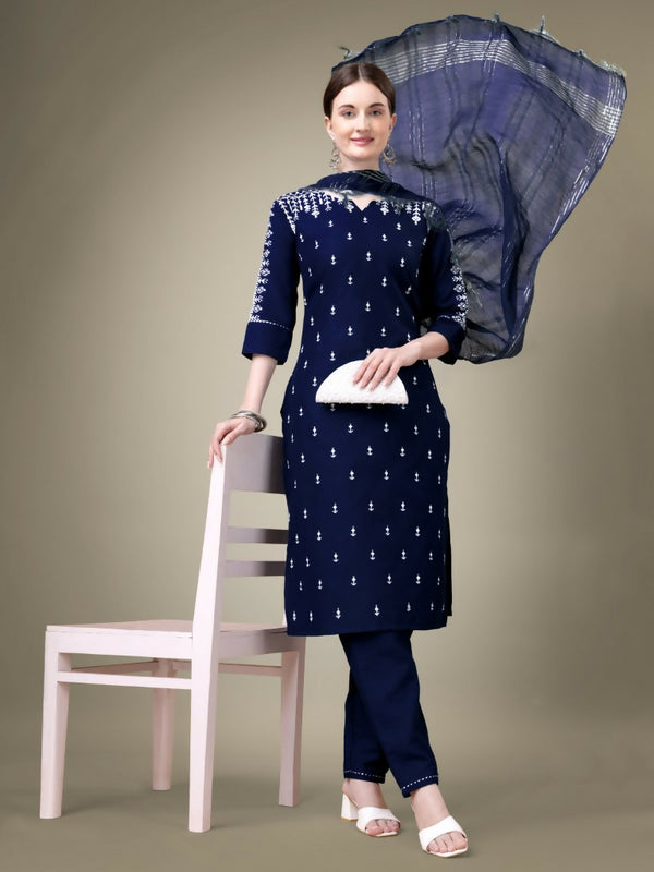 Jyoti Fashion Women's Navy Blue Cotton Blend Embroidery & Sequence work Kurta with Trouser & Dupatta - Distacart