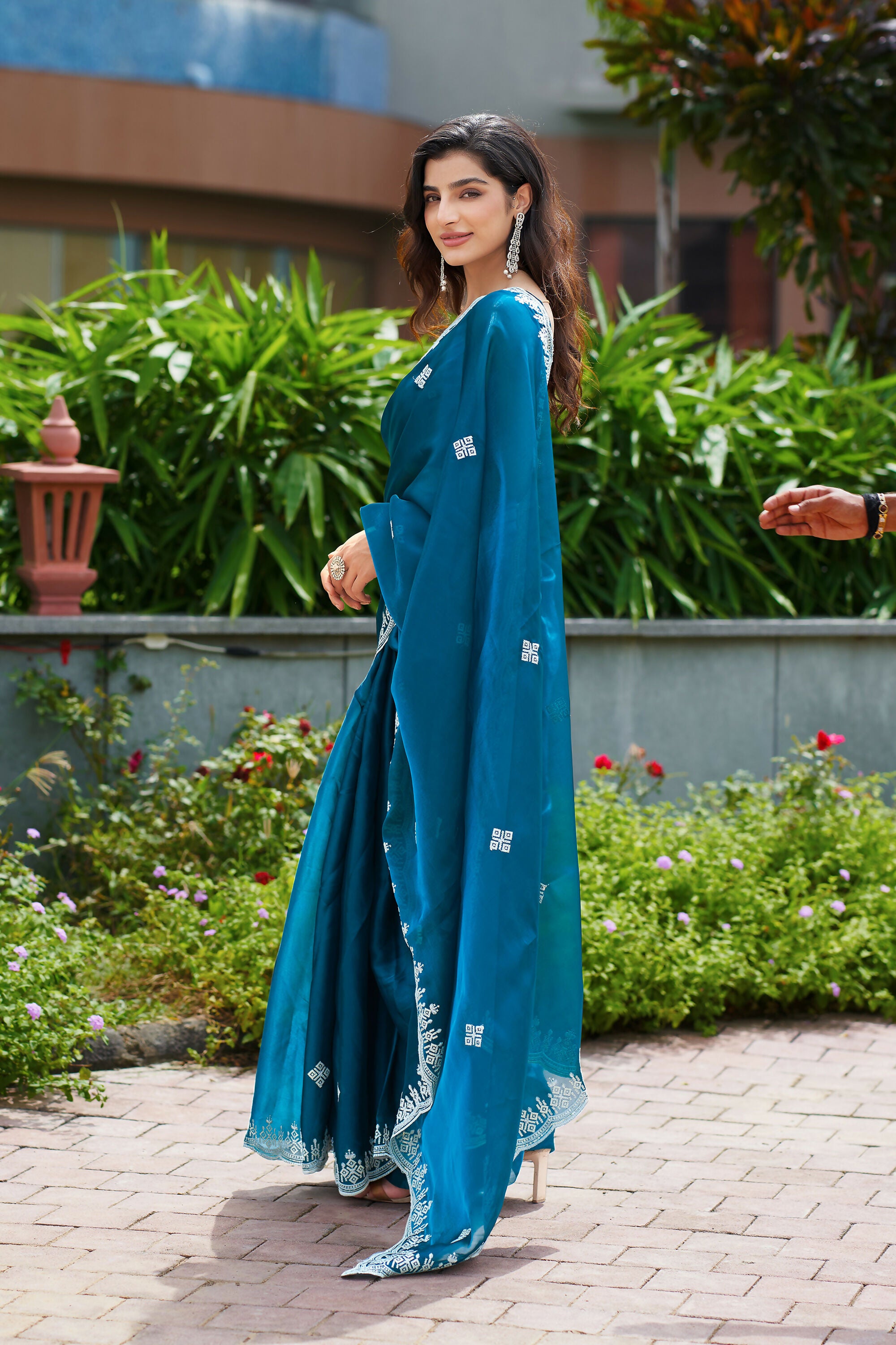 Vastranavya Teal Embroidery Work Shimmer Chiffon Saree with Unstitched Blouse