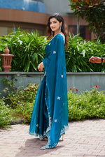 Thumbnail for Vastranavya Teal Embroidery Work Shimmer Chiffon Saree with Unstitched Blouse