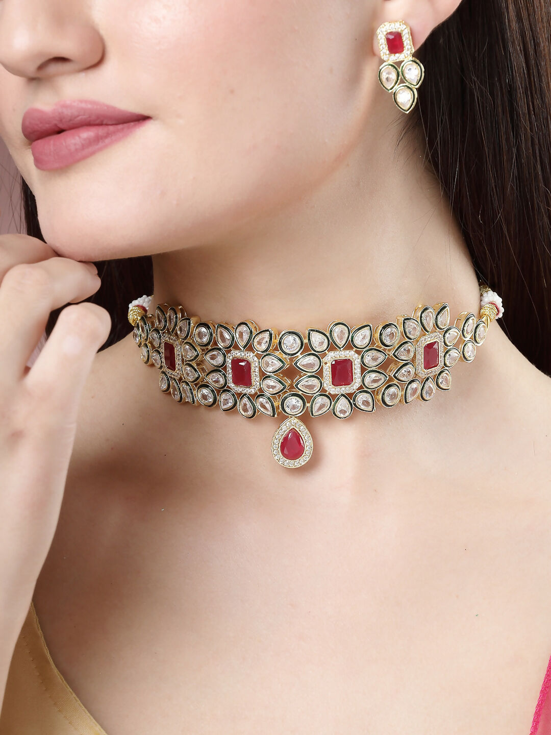 NVR Women's Red & Gold Kundan Studded Handcrafted Choker Jewellery Set - Distacart