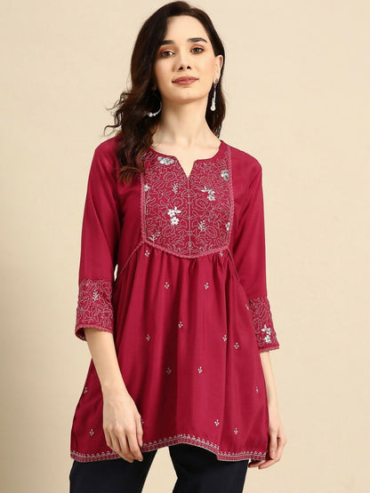 Women's Maroon Viscose blend Embroidered Short Top - Marina - Distacart