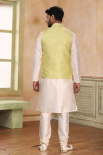 Thumbnail for Raivat Ethnic Jacquard Banarasi Silk Woven Work 3 Pics Jacket Set In Lemon Colour - Distacart