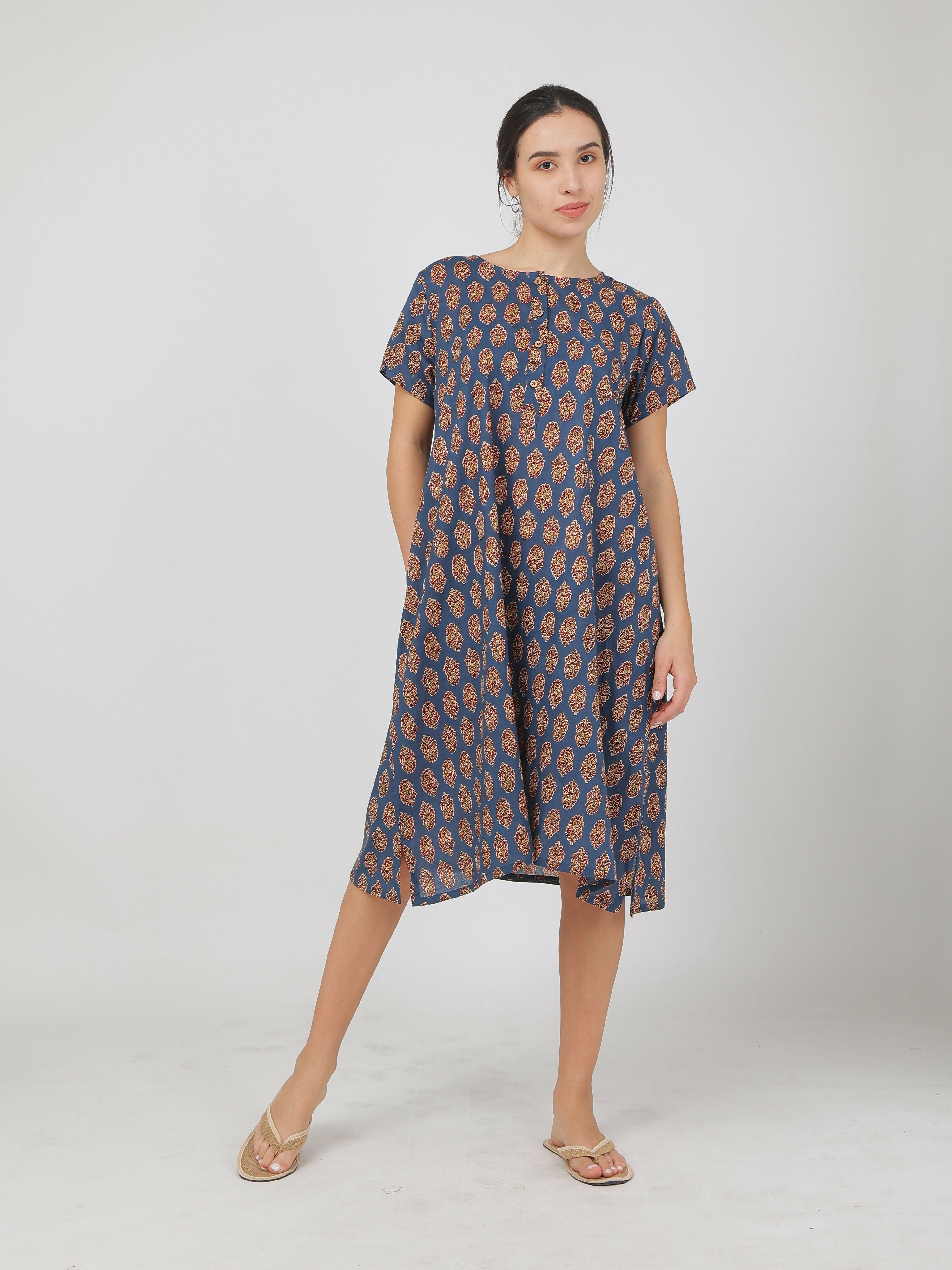 Breathables Women Cotton Printed Loungewear Nightie Blue I Night Wear | Nighty | Jaipuri Print - Dista