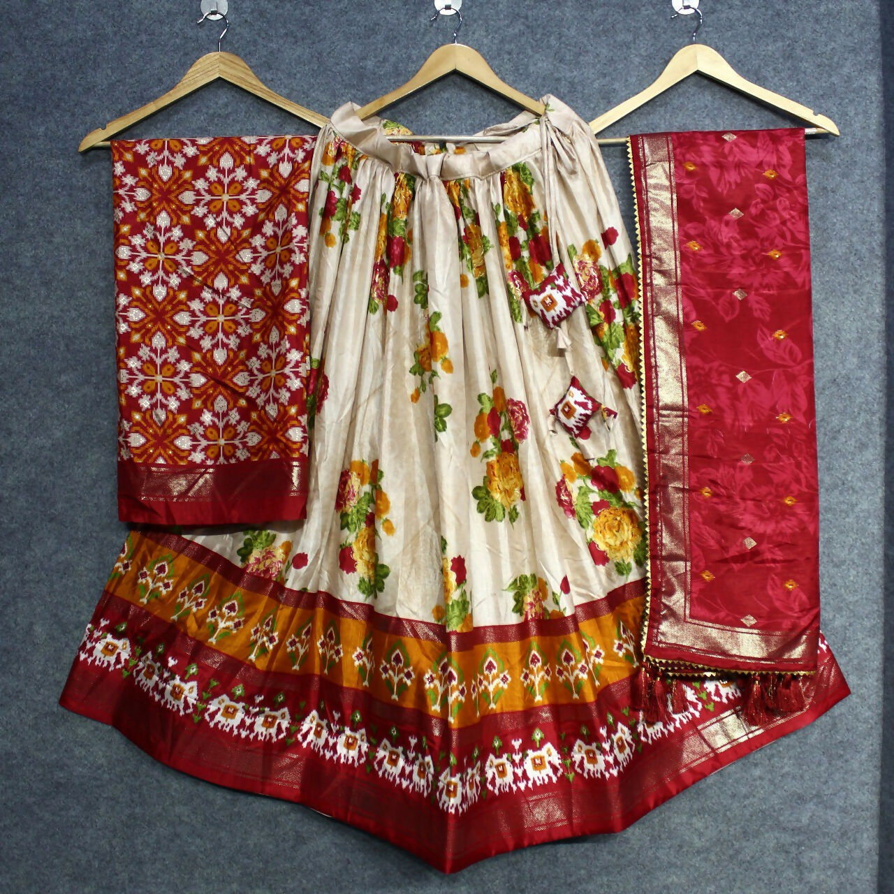 Preksha Creation Tusser Silk With Ajarakh Prints Women Lehenga Choli - Red - Distacart