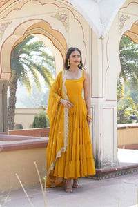 Thumbnail for Aastha Fashion Women's Yellow Faux Georgette 5 Layer Frill Work Anarkali Dress with Dupatta - Distacart