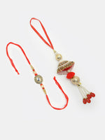 Thumbnail for NVR Women & Men Set of 2 Gold & Red Kundan-Studded Bhaiya Bhabhi Rakhi With Roli Chawal - Distacart