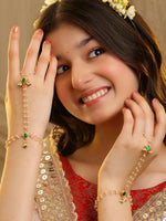 Thumbnail for Ruby Raang Gold Hand Accessory With Green- White Kundan And Pearls - Distacart