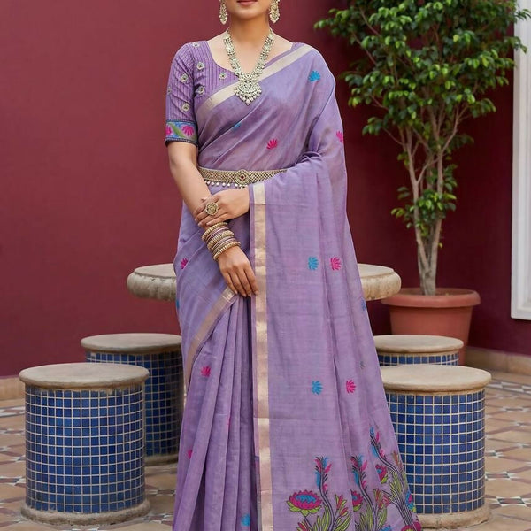 Vastranavya Lavender Muga Cotton Meenakari & Azarakh Pallu Saree with Contrast Blouse - Distacart