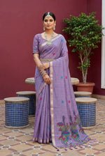 Thumbnail for Vastranavya Lavender Muga Cotton Meenakari & Azarakh Pallu Saree with Contrast Blouse - Distacart