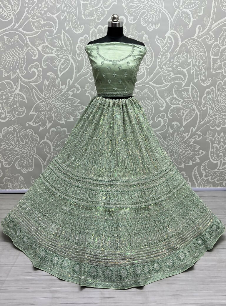 Jyoti Fashion Women's Pista Green Heavy Net Fancy Dori, Multi Thread, Rainbow Sequins and Diamond Work Wedding Lehenga Choli - Distacart