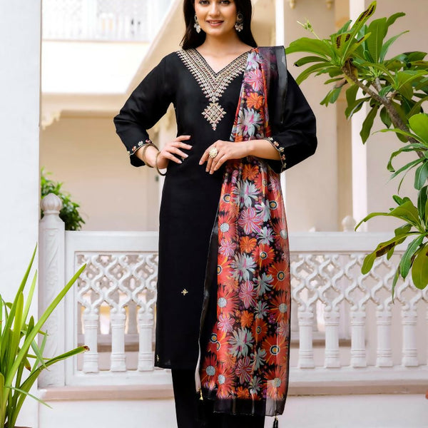 The52 Black Women's Beautiful Viscose Chanderi Fabric Embroidered Work Straight Kurta Pant and Dupatta Set - Distacart